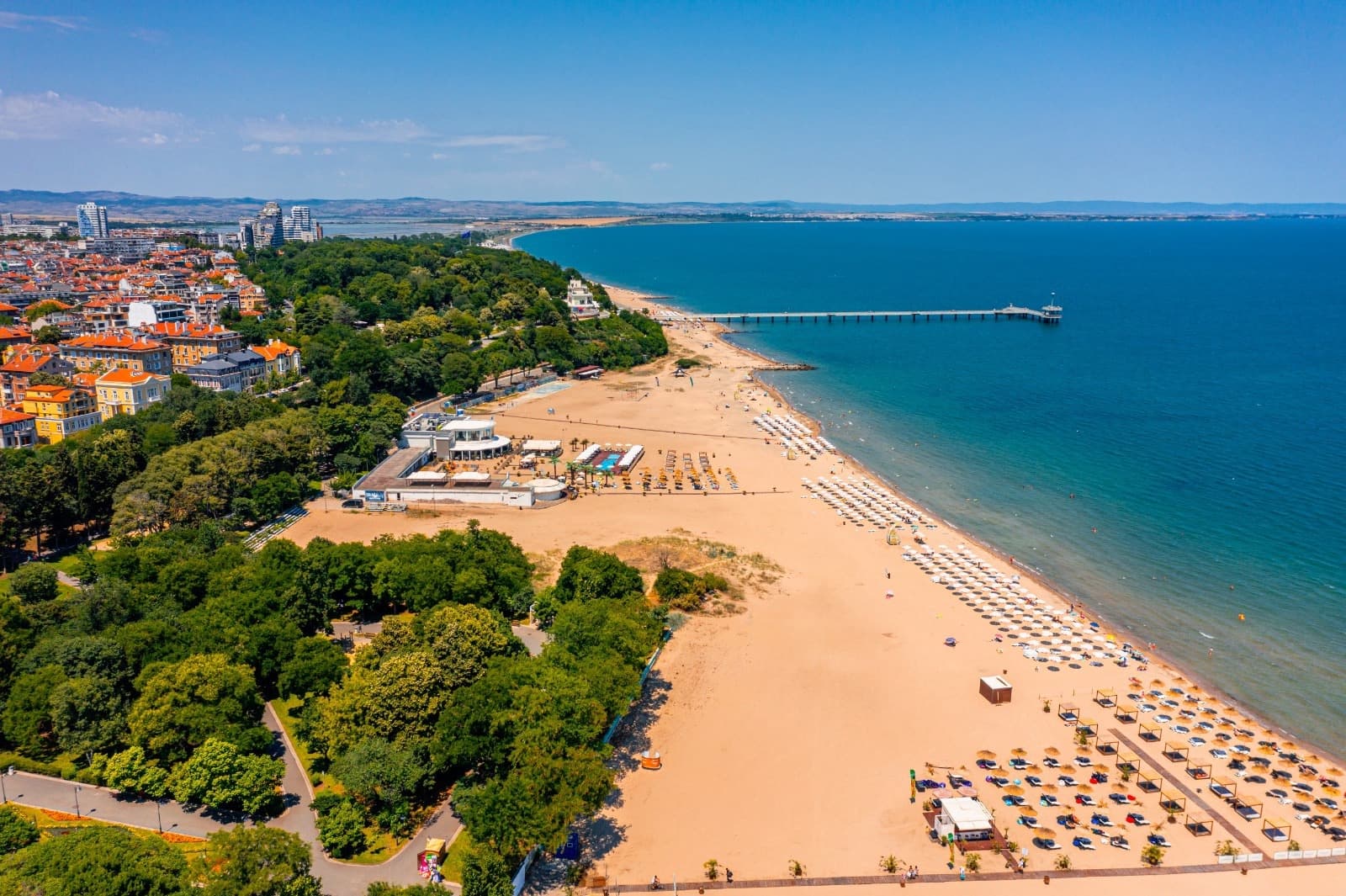 Aerial view of Burgas Central Beach, the Sea Garden and the Black Sea