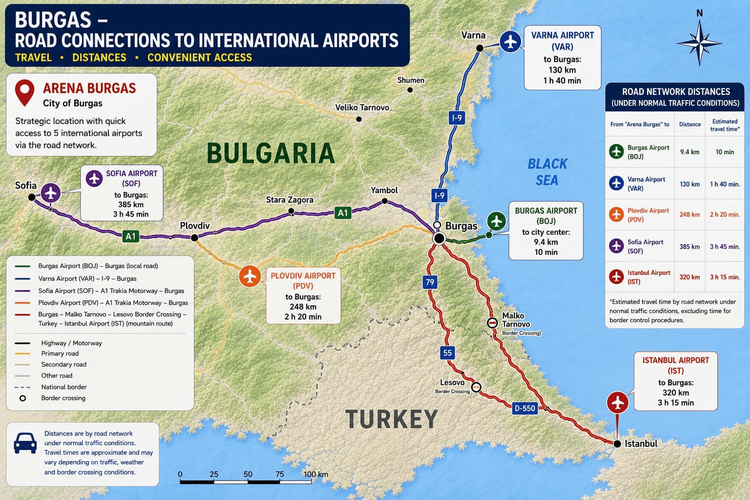 Road connections and travel distances from Arena Burgas to Burgas, Varna, Plovdiv, Istanbul, and Sofia airports